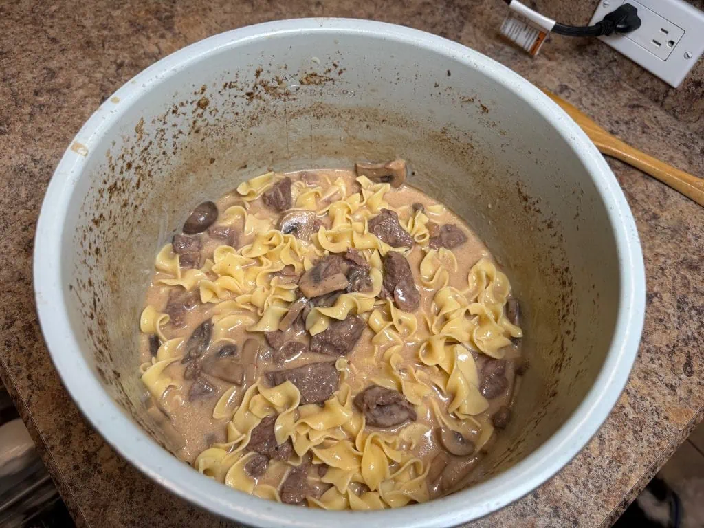 Cooked beef stroganoff in pot