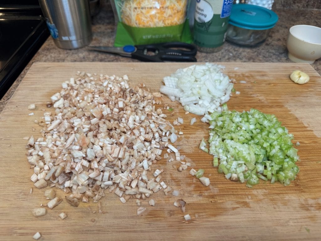 Chopped mushrooms stems, onion & celery